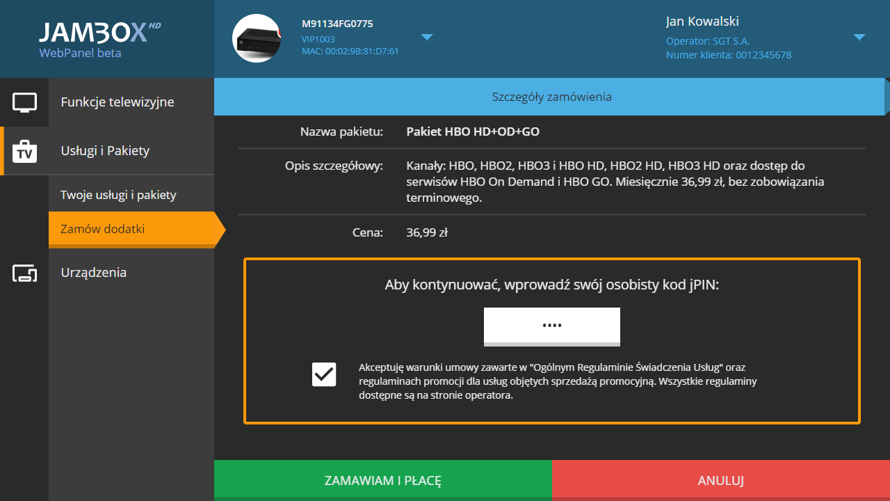 JAMBOX go! - Zamawianie pakietów